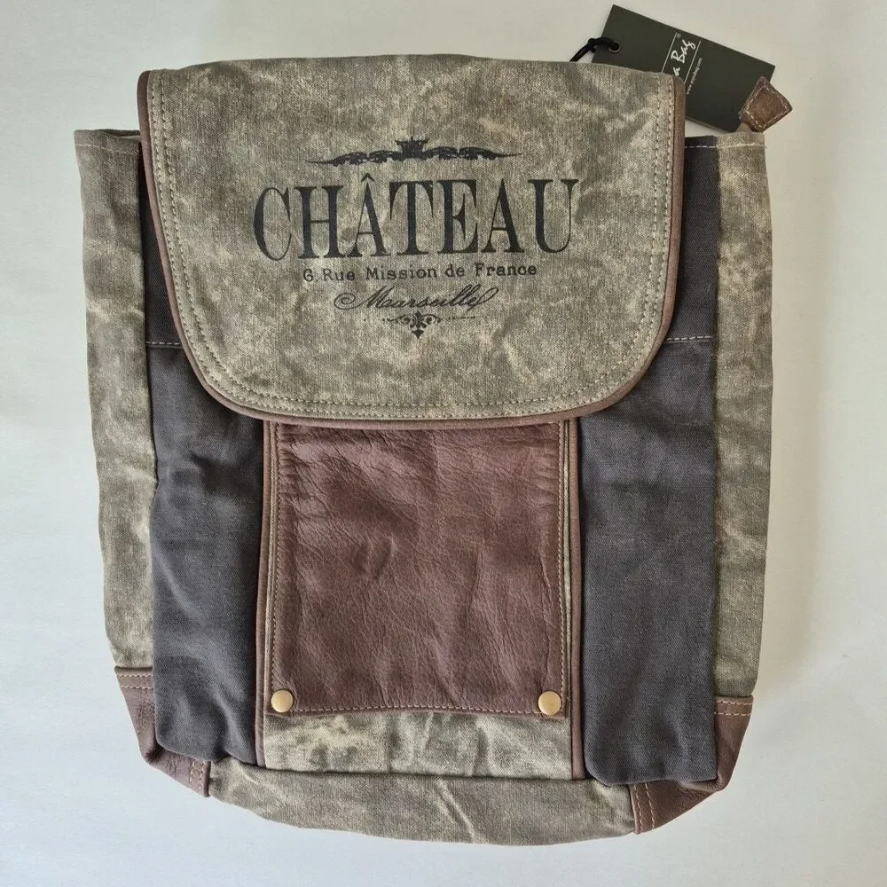 Myra Bag Large Canvas Leather Distressed Upcycled Chateau Backpack S-1004